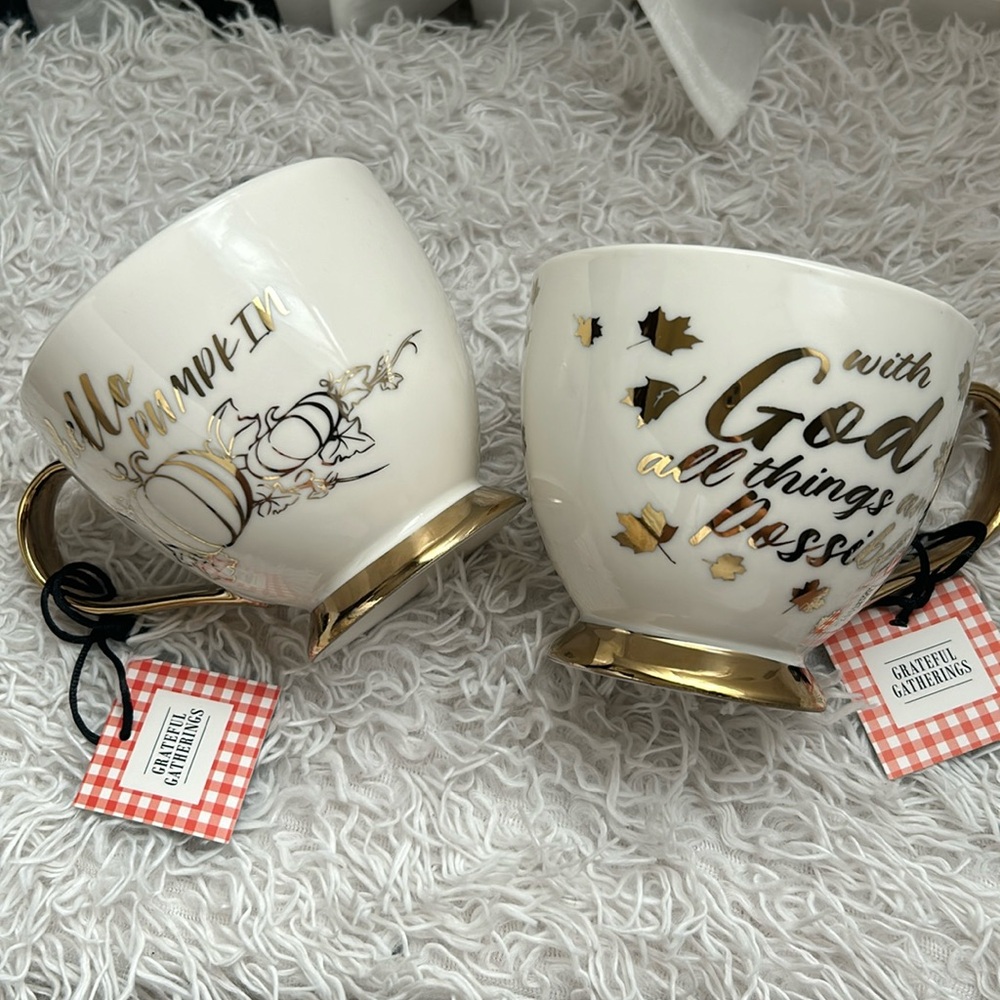 Set of 2 White & Gold Coffee Mugs